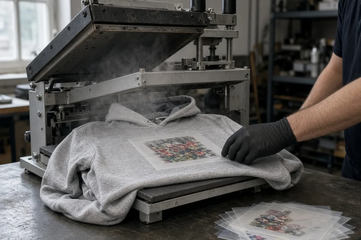 Prensa térmica aplicando un transfer DTF sobre una sudadera personalizada