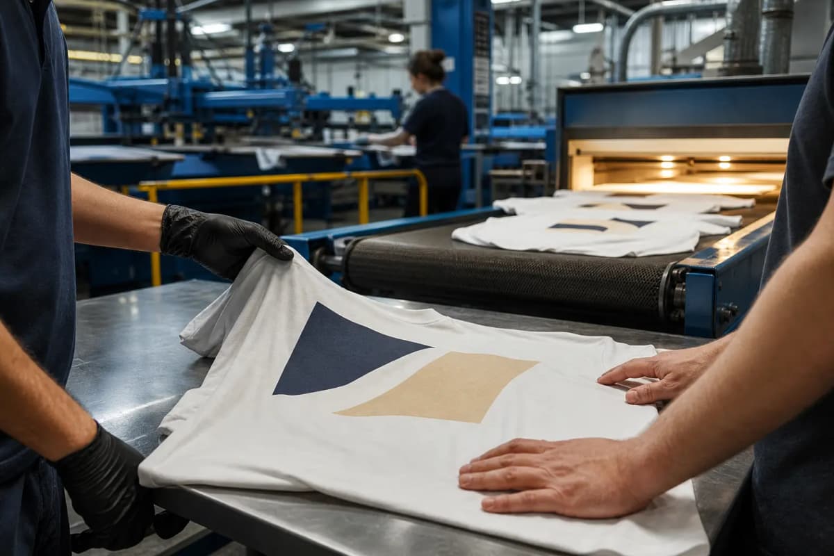 Control de calidad de camisetas serigrafiadas a la salida de una línea industrial