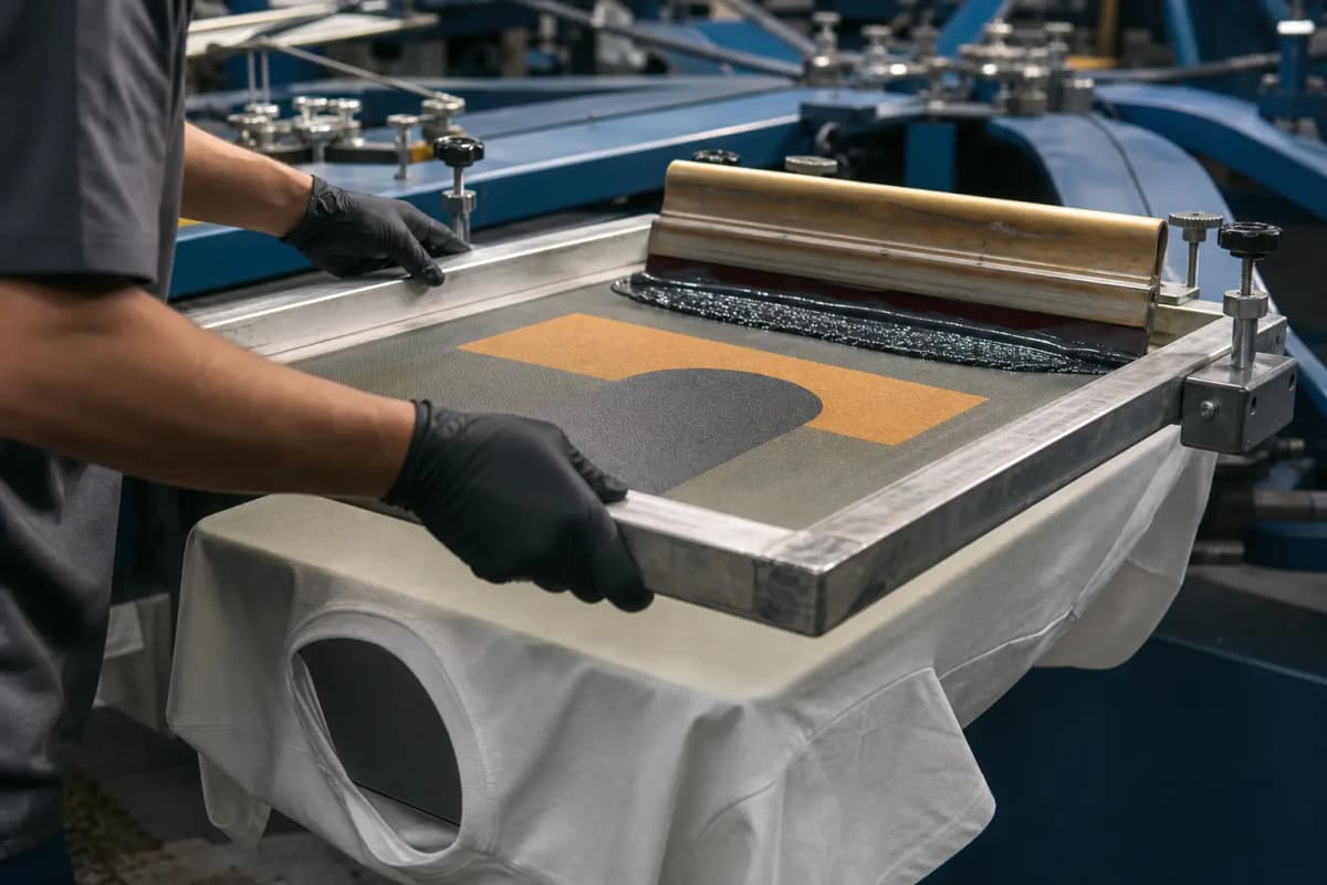Pantalla y tinta durante el proceso de serigrafía textil en una prensa industrial