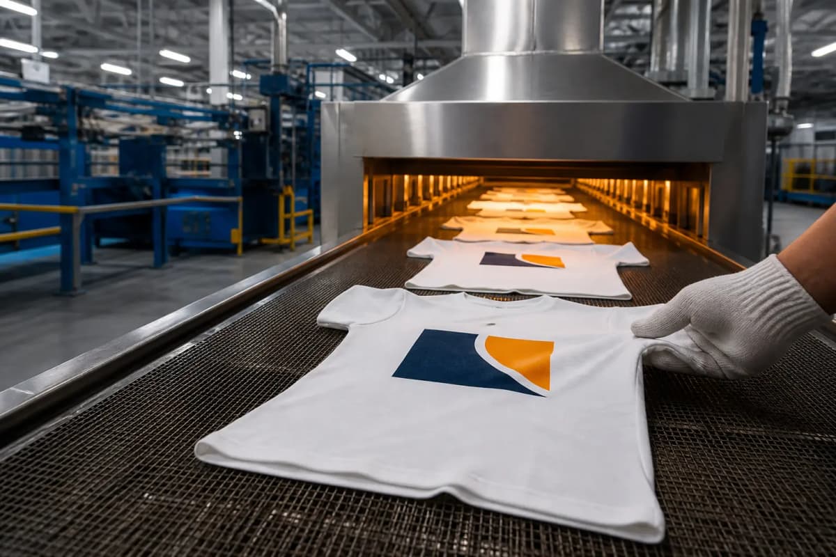 Camisetas serigrafiadas saliendo del túnel de curado industrial para su control de calidad